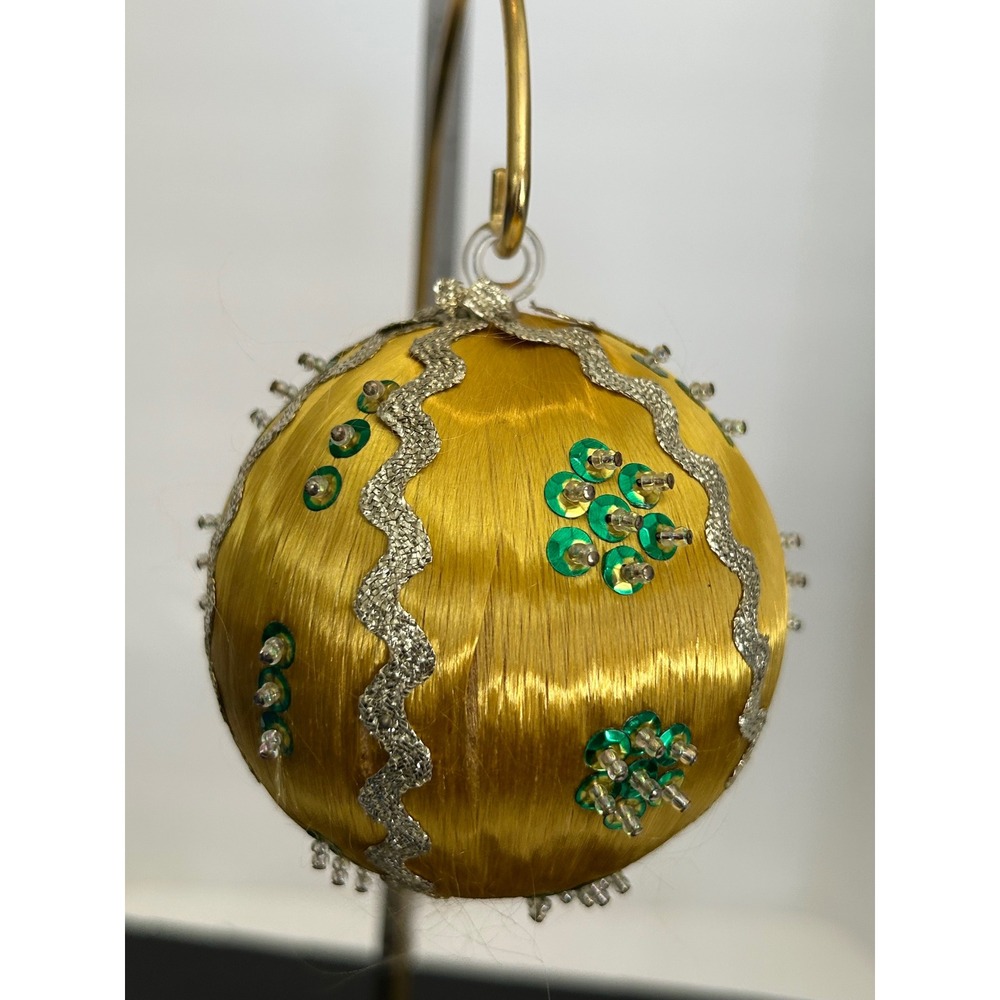 Christmas Ornament Holiday Yellow Satin Silk Sequin Rick Rack Bead Collectible